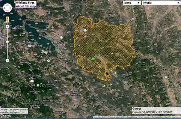 Image of the satellite map of the Rocky fire.